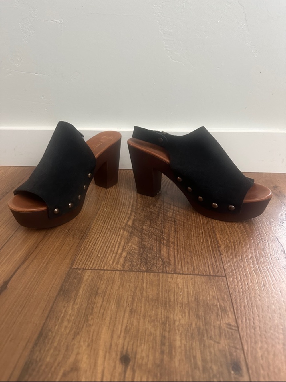 Mila Paoli Black Suede Platform Clog Mules with Brown Wood Heel